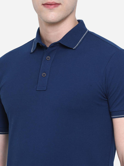 Navy Blue Solid Slim Fit Polo T-Shirt | JadeBlue