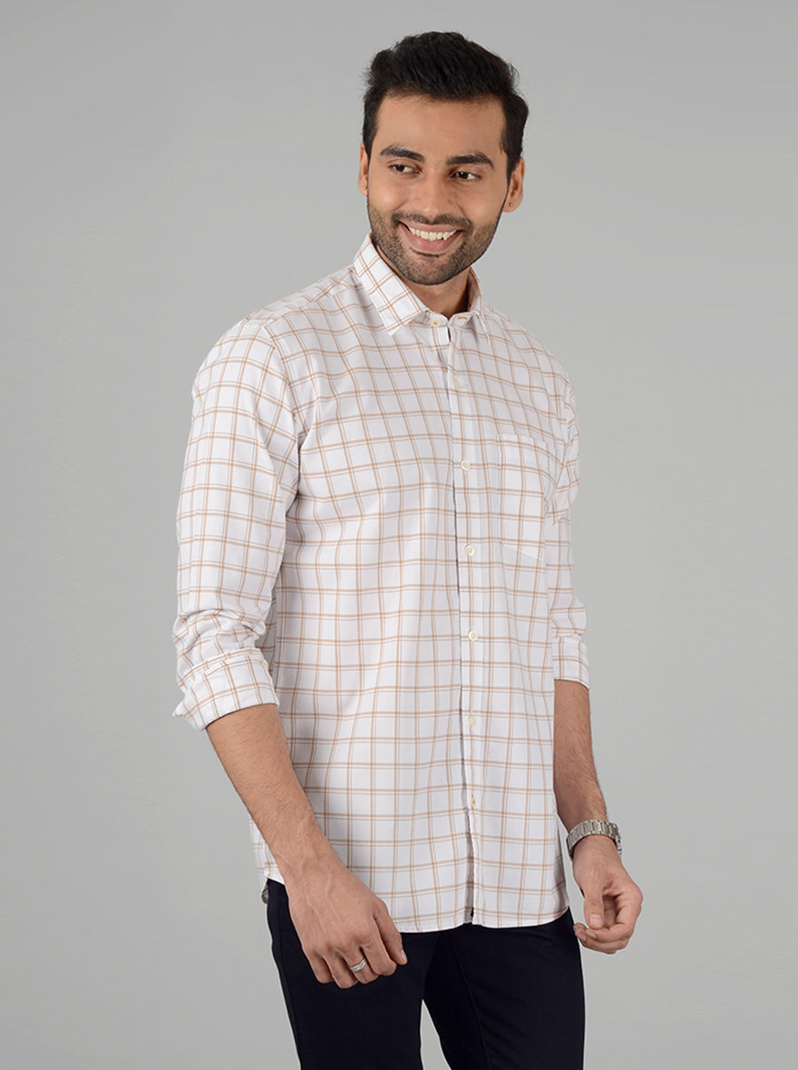 Cream Checked Slim Fit Casual Shirt | Greenfibre