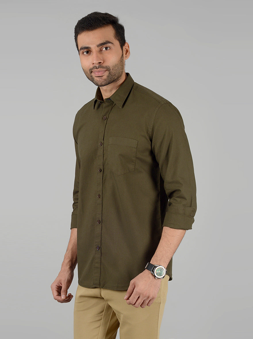 Olive Solid Slim Fit Casual Shirt | Greenfibre