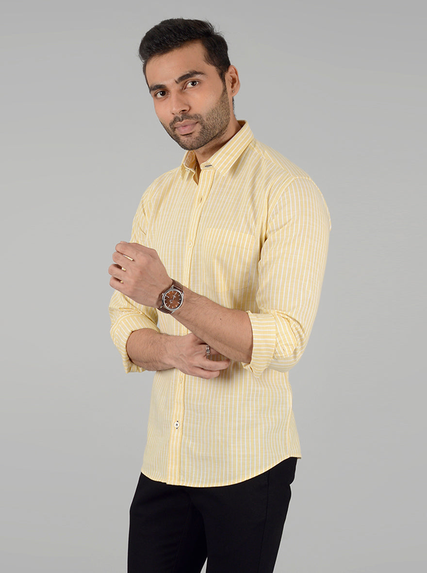 Light Yellow Striped Slim Fit Casual Shirt | Greenfibre