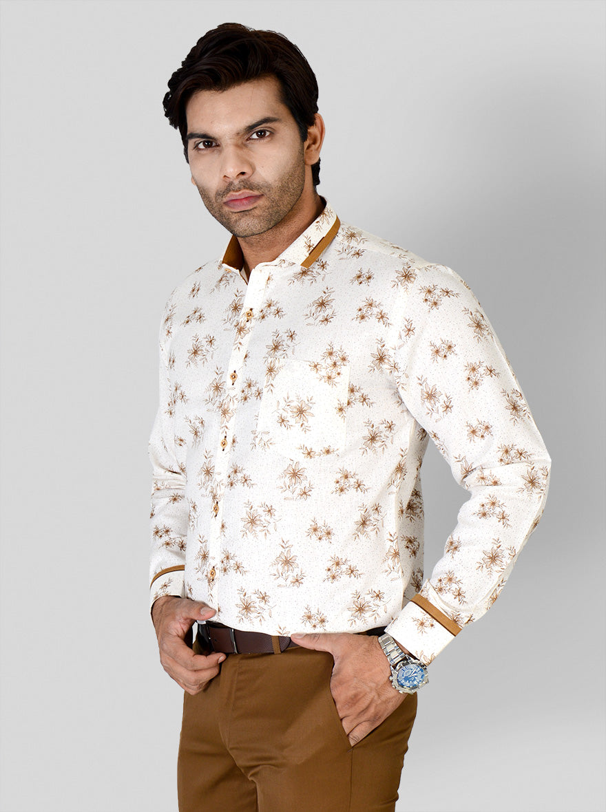 Cream & Brown Printed Slim Fit Party Wear Shirt | Greenfibre