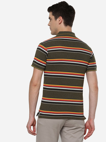 Olive Striped Slim Fit Polo T-Shirt | Greenfibre