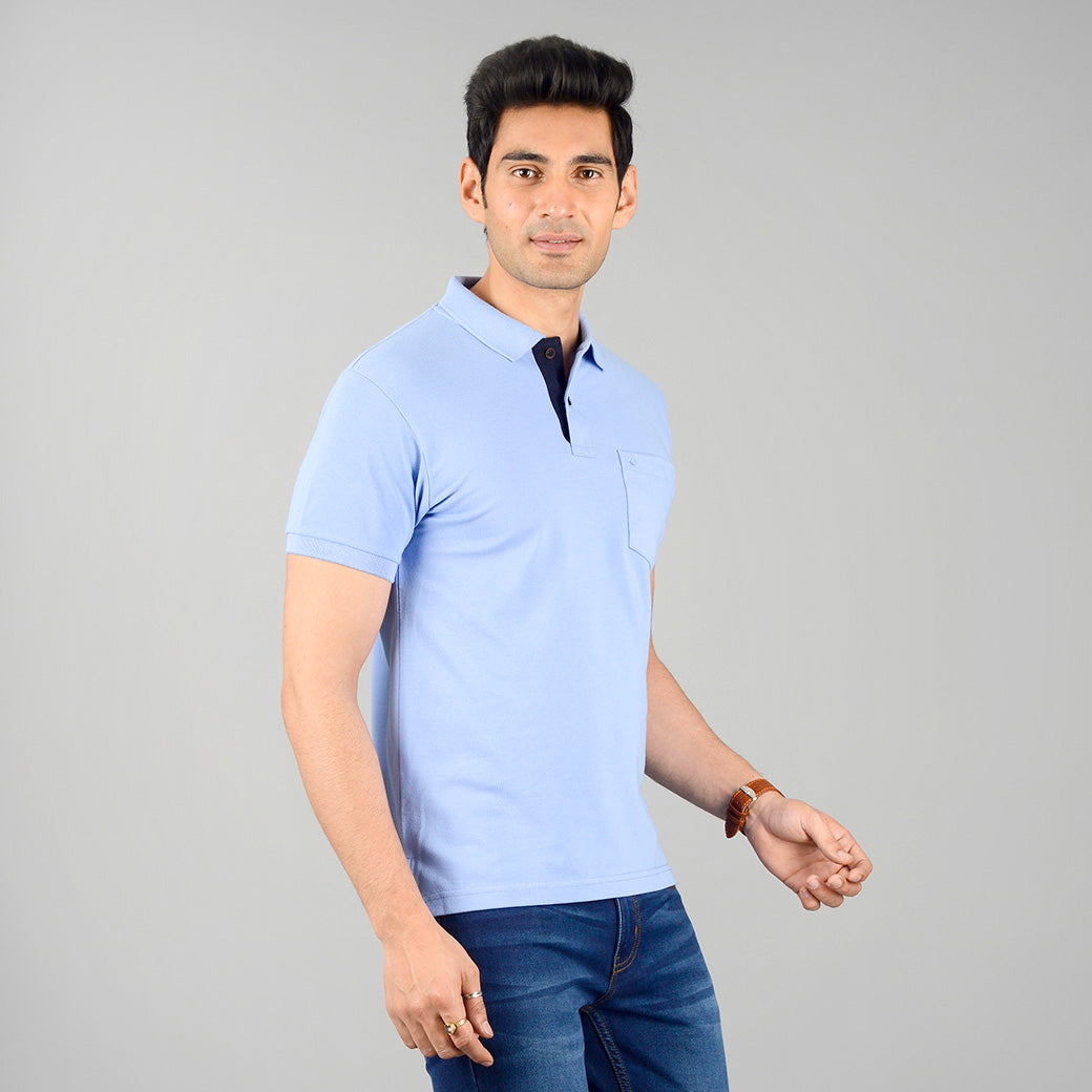 Sky Blue Solid Slim Fit Polo T-shirt | Greenfibre
