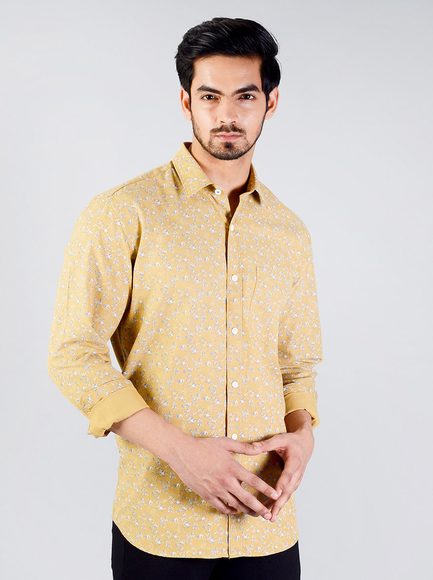 Ochre Yellow Printed Slim Fit Casual Shirt | JadeBlue