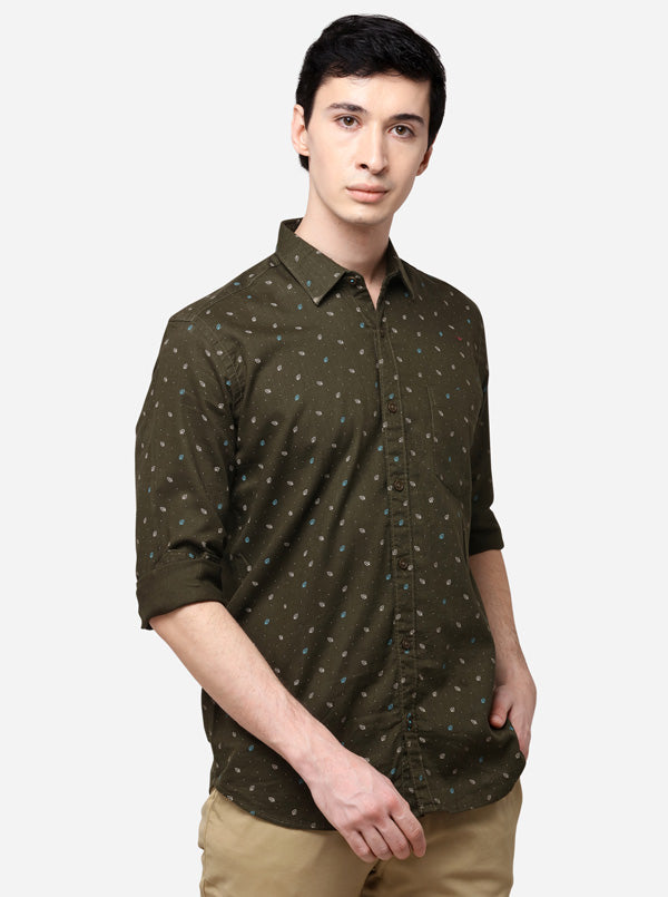 Olive Tailored Fit Printed Casual Shirt | JadeBlue