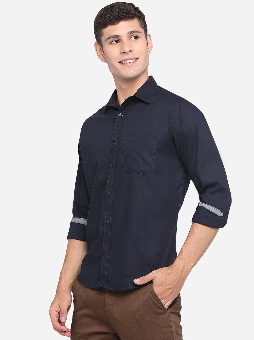 Dark Blue Solid Slim Fit Casual Shirt | Greenfibre