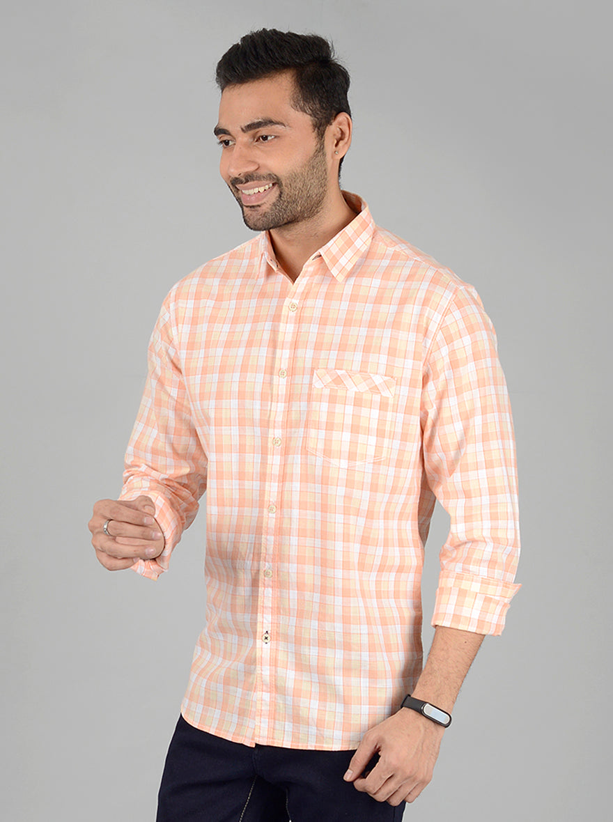 Orange Checked Slim Fit Casual Shirt | Greenfibre