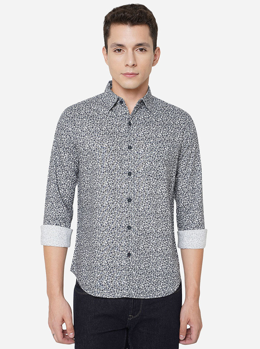 Dark Grey Printed Slim Fit Semi Casual Shirt | Greenfibre