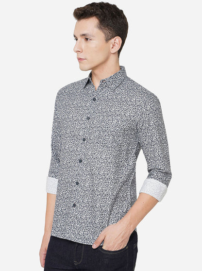 Dark Grey Printed Slim Fit Semi Casual Shirt | Greenfibre
