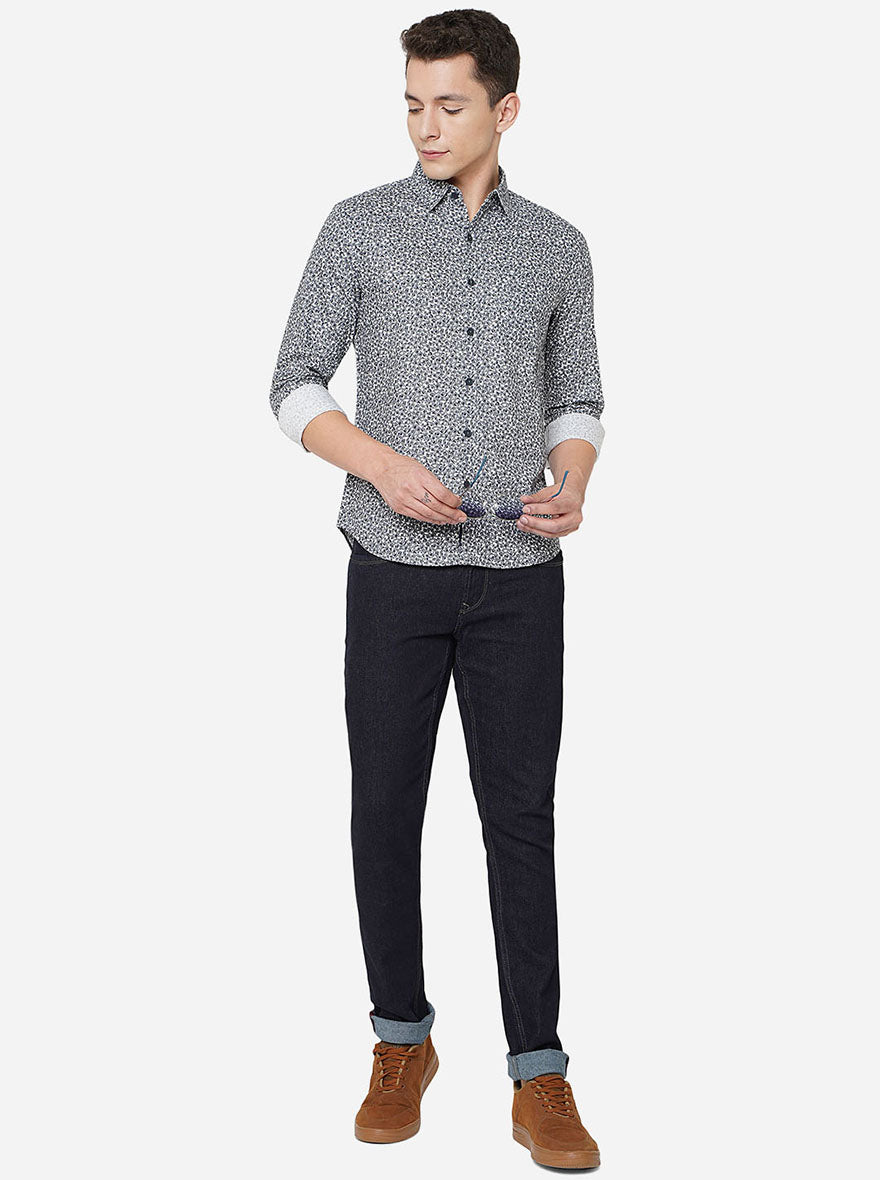 Dark Grey Printed Slim Fit Semi Casual Shirt | Greenfibre