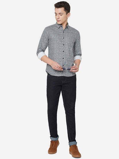 Dark Grey Printed Slim Fit Semi Casual Shirt | Greenfibre