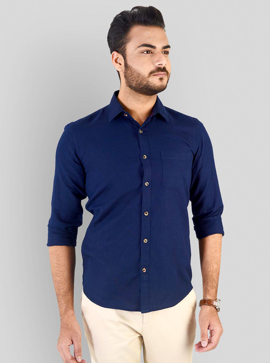 Navy Blue Solid Smart Fit Casual Shirt | Greenfibre