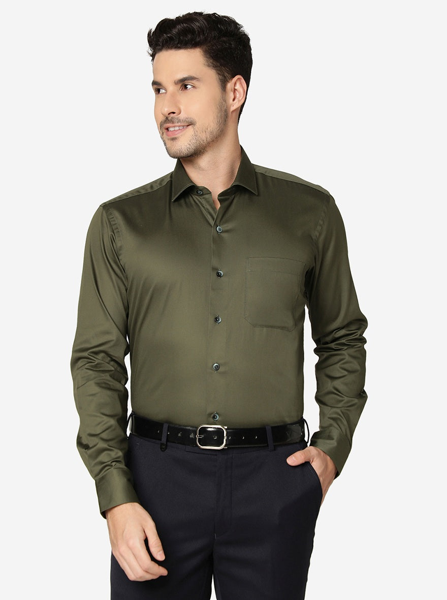 Olive Green Solid Slim Fit Formal Shirt | Metal