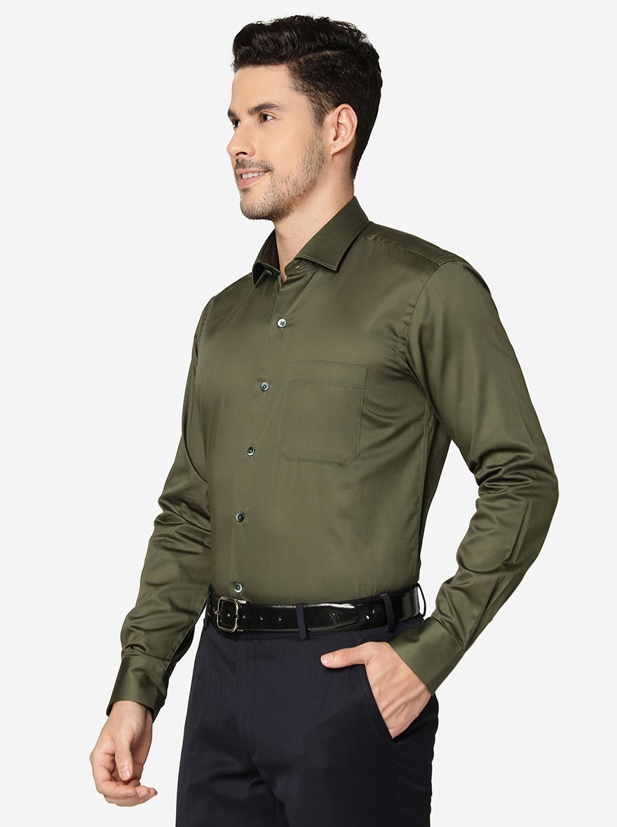 Olive Green Solid Slim Fit Formal Shirt | Metal