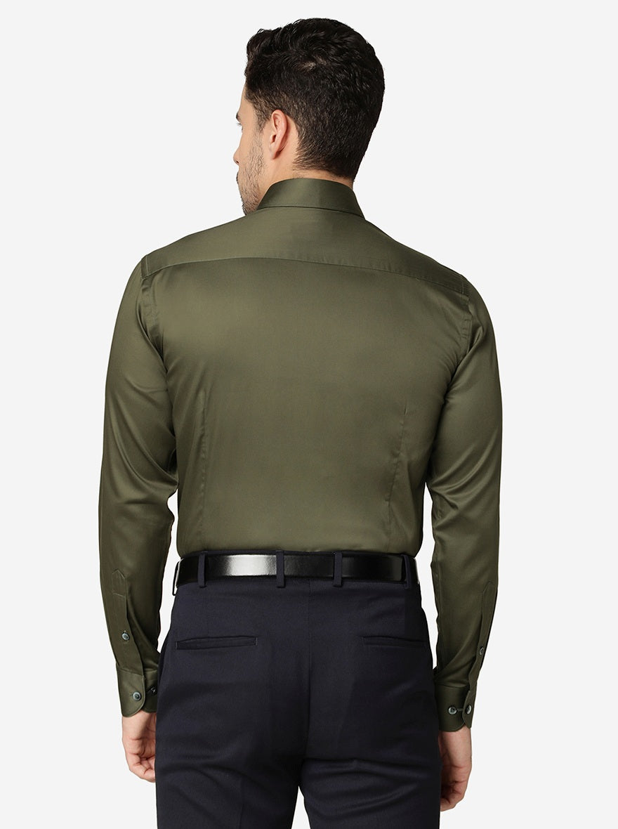 Olive Green Solid Slim Fit Formal Shirt | Metal