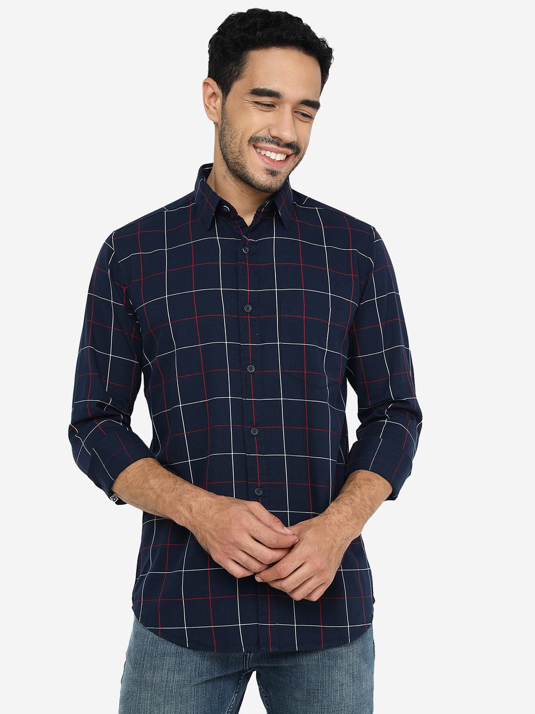 Navy Blue Checked Slim Fit Casual Shirt | JadeBlue