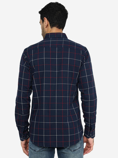 Navy Blue Checked Slim Fit Casual Shirt | JadeBlue