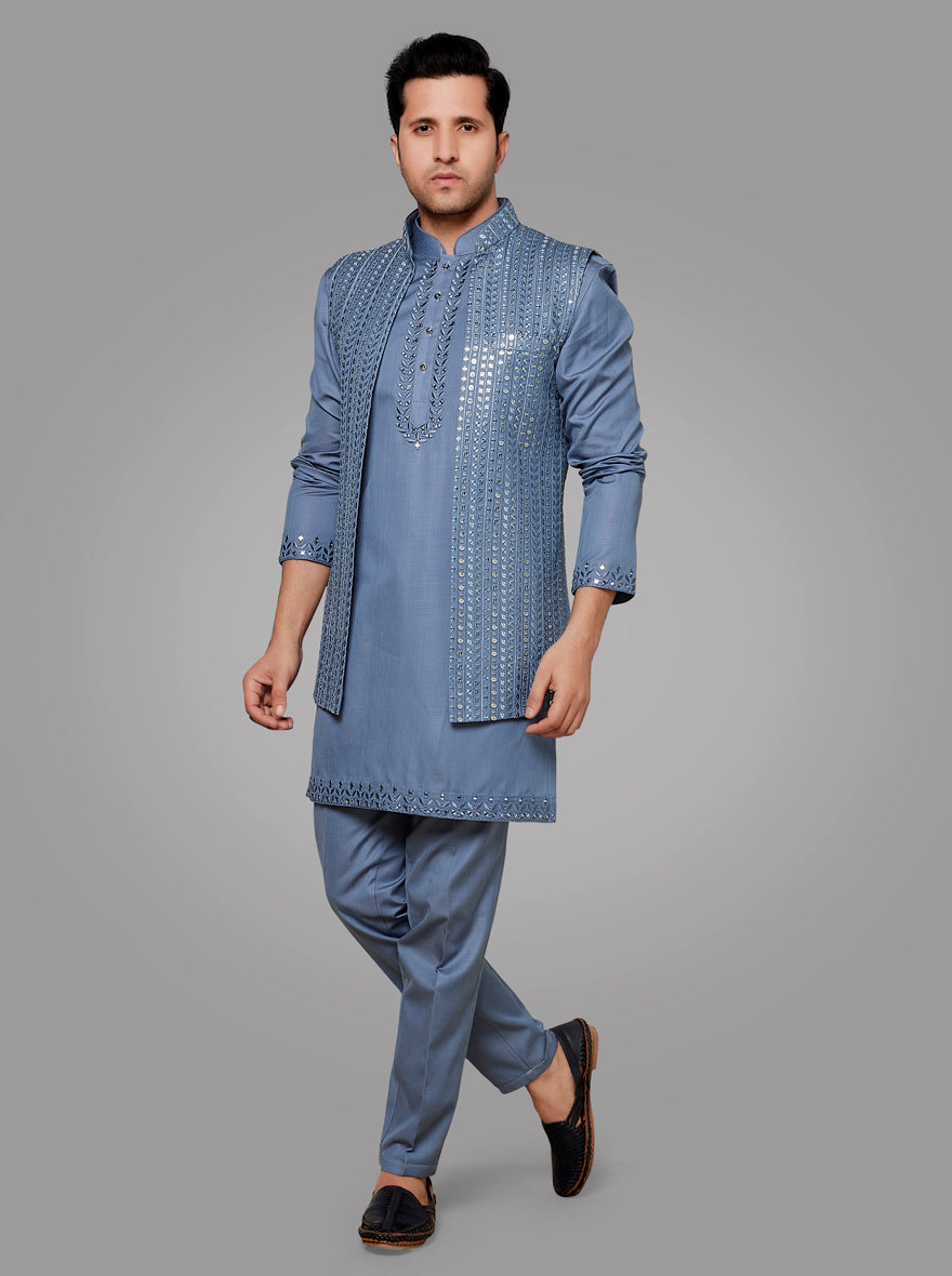 Powder Blue Kurta Pajama with Koti | TULA