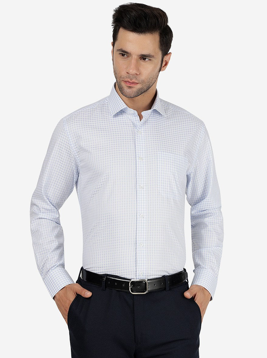 Light Blue Checked Regular Fit Formal Shirt | JadeBlue