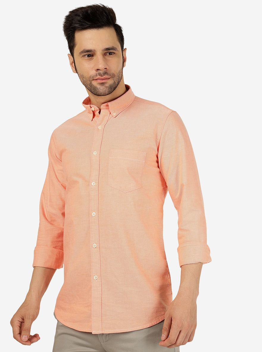 Pastel Orange Solid Slim Fit Casual Shirt | JadeBlue