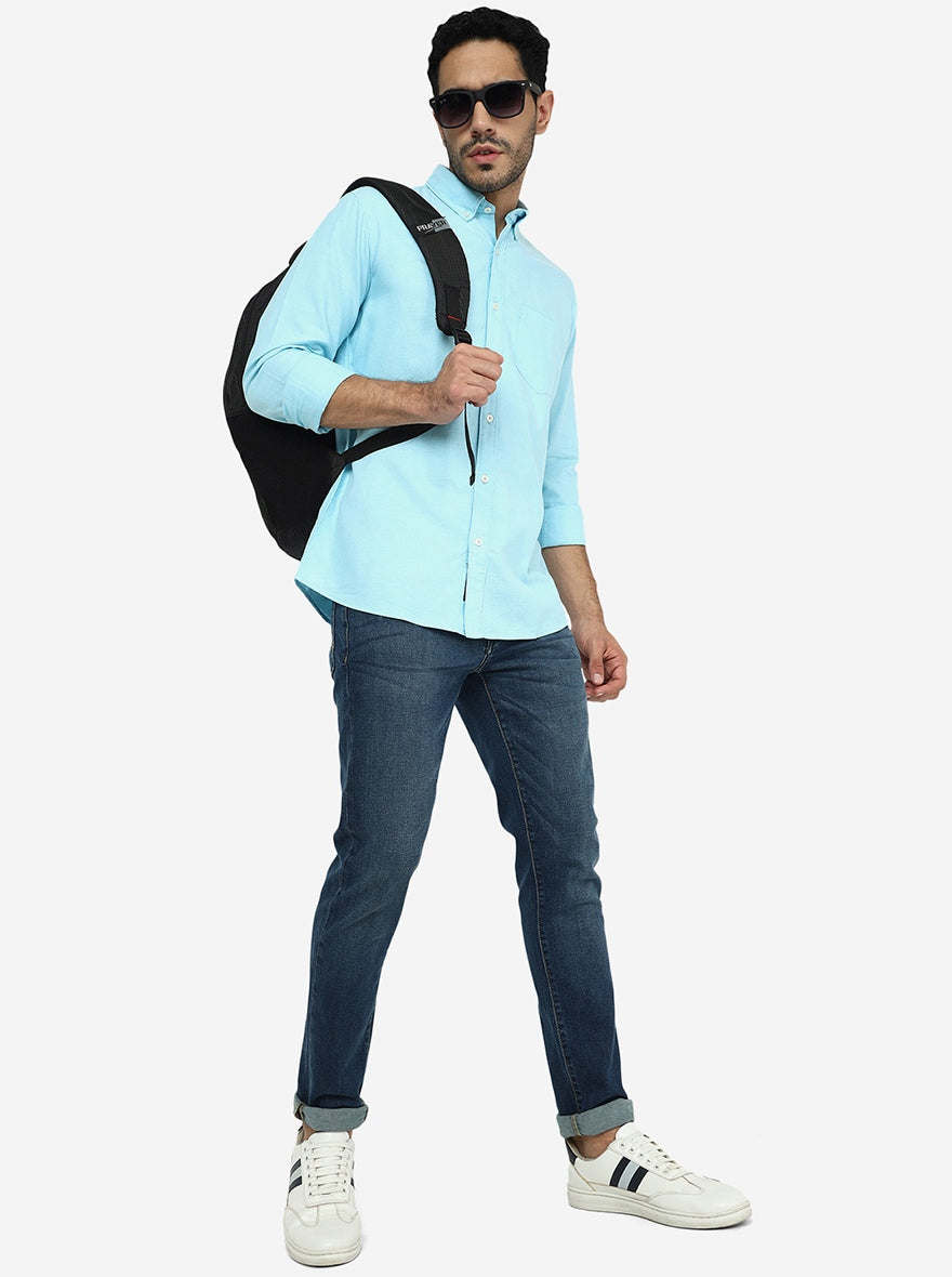 Light Blue Solid Slim Fit Casual Shirt | JadeBlue