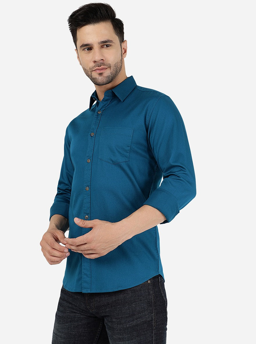 Racer Blue Solid Slim Fit Casual Shirt | JadeBlue