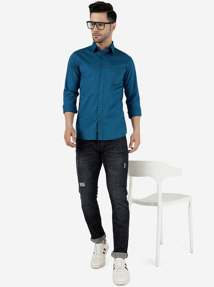 Racer Blue Solid Slim Fit Casual Shirt | JadeBlue