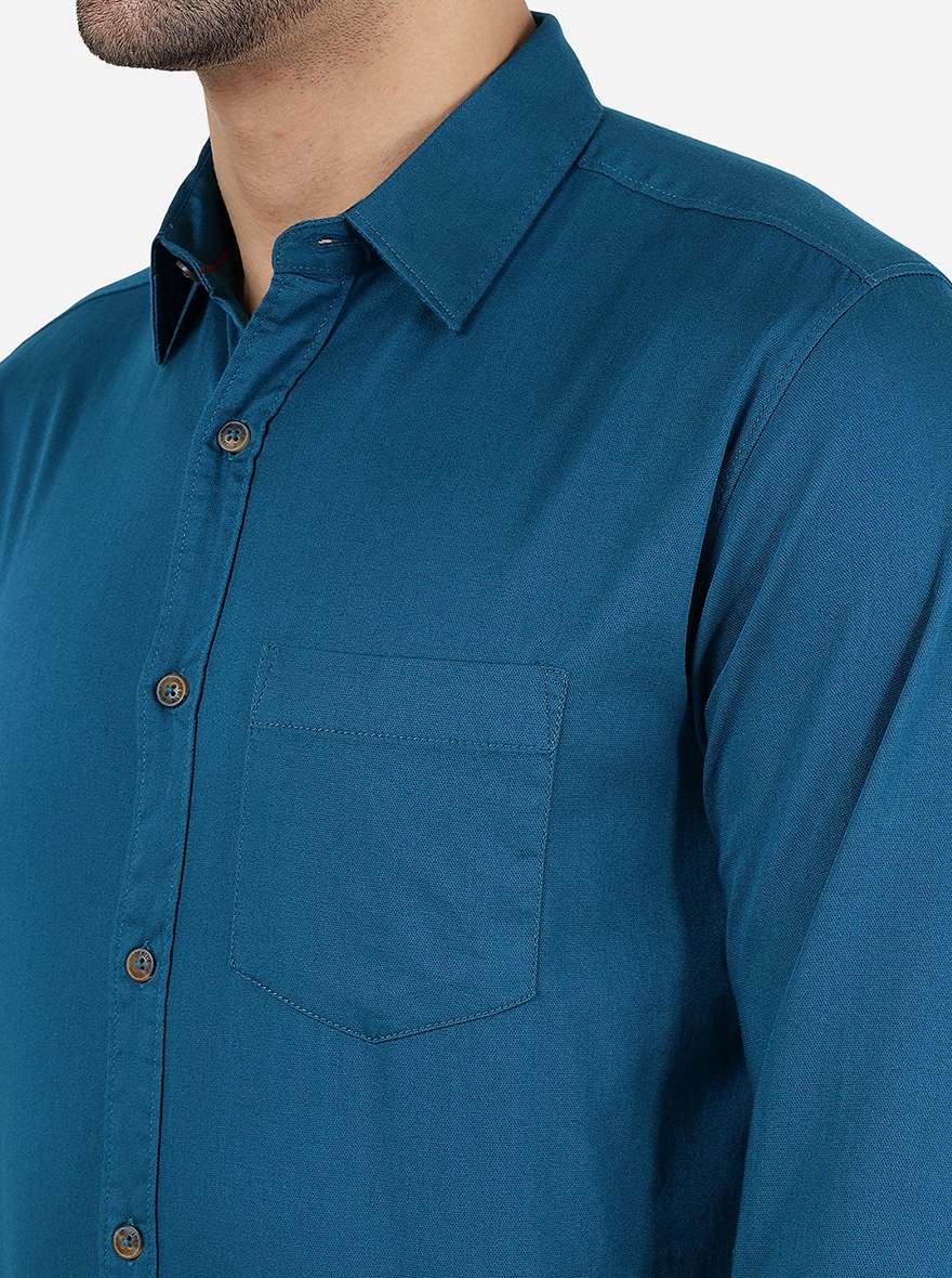Racer Blue Solid Slim Fit Casual Shirt | JadeBlue