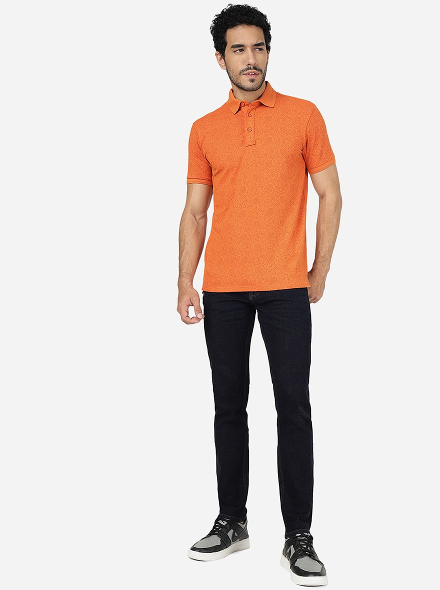 Burnt Orange Printed Slim Fit Polo T-Shirt | JadeBlue