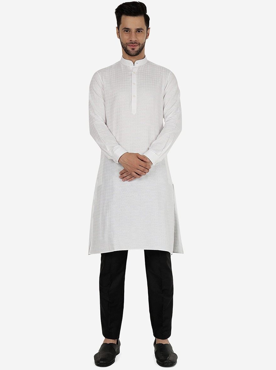White Self Textured Regular Fit Modi Kurta | JadeBlue