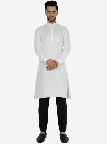 White Self Textured Regular Fit Modi Kurta | JadeBlue