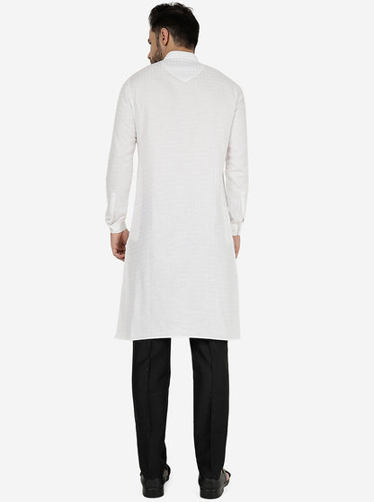 White Self Textured Regular Fit Modi Kurta | JadeBlue