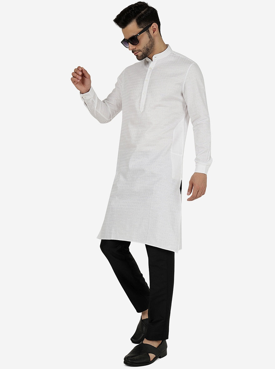White Self Textured Regular Fit Modi Kurta | JadeBlue