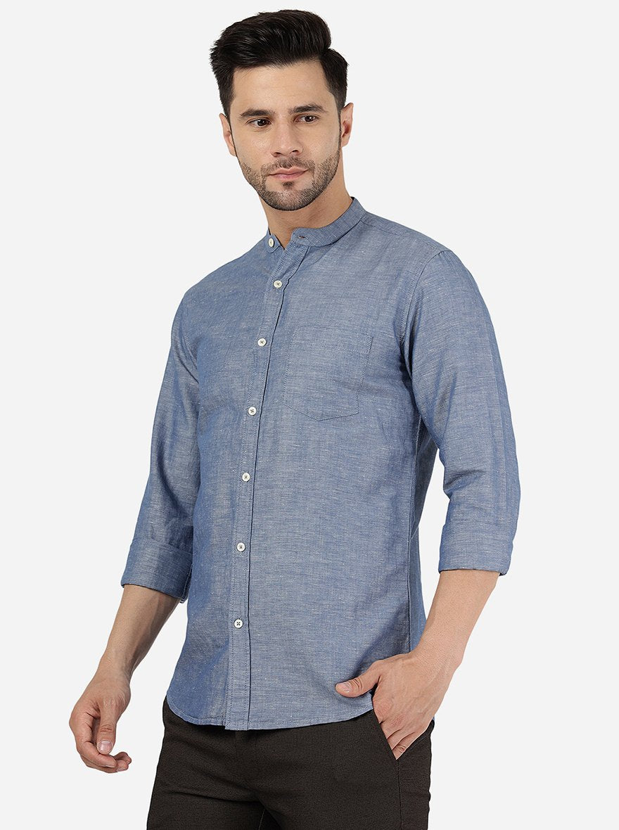 Blue Solid Slim Fit Casual Shirt | JadeBlue