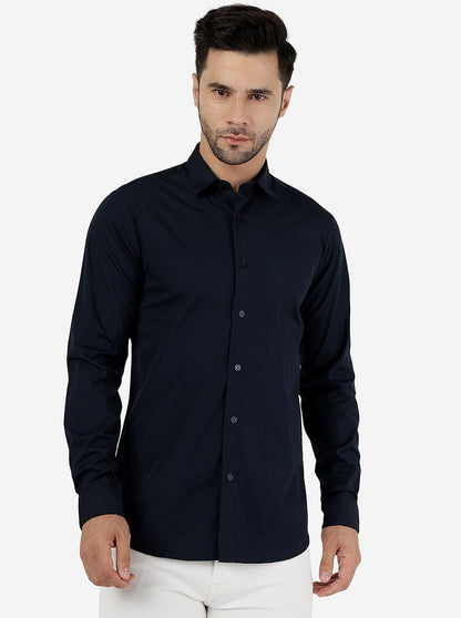 Navy Blue Solid Slim Fit Casual Shirt | JadeBlue
