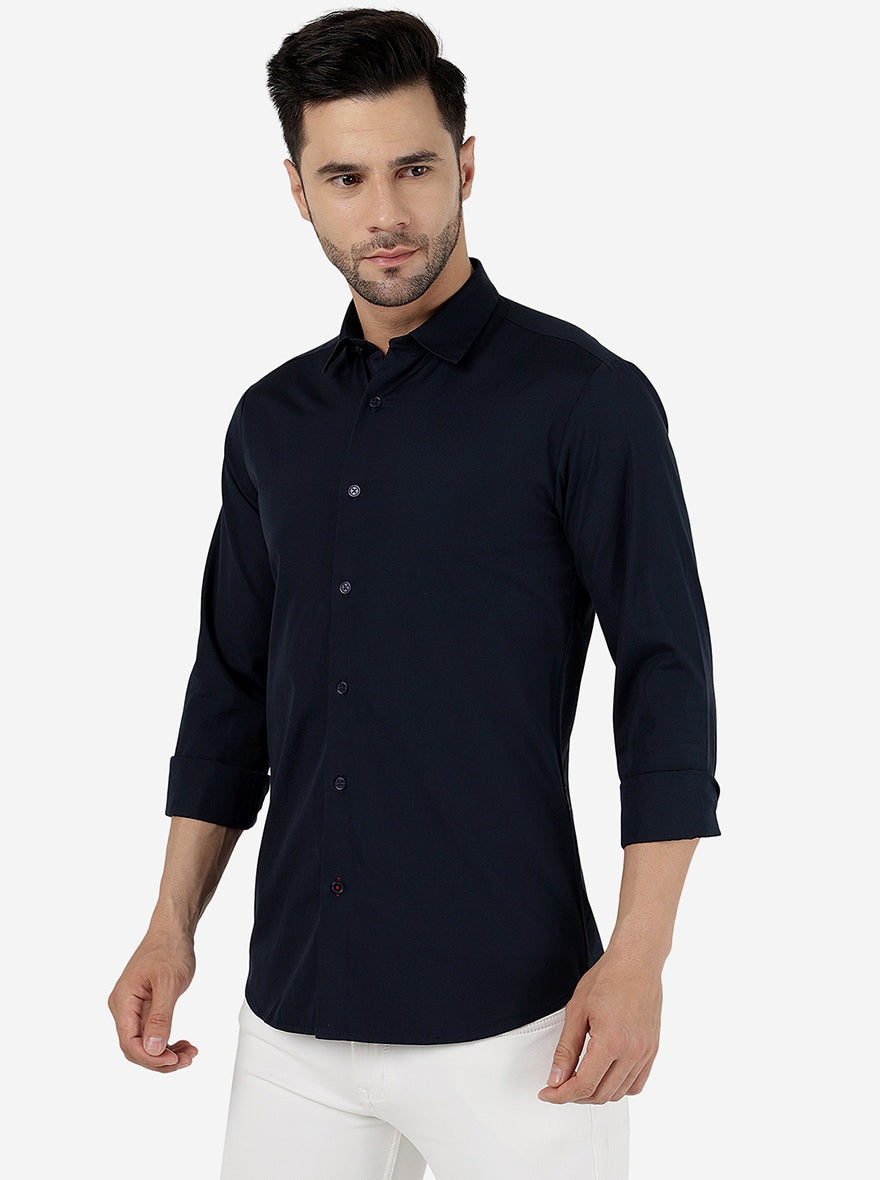 Navy Blue Solid Slim Fit Casual Shirt | JadeBlue