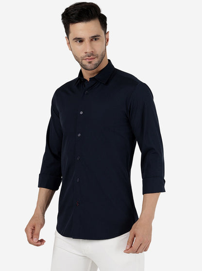 Navy Blue Solid Slim Fit Casual Shirt | JadeBlue