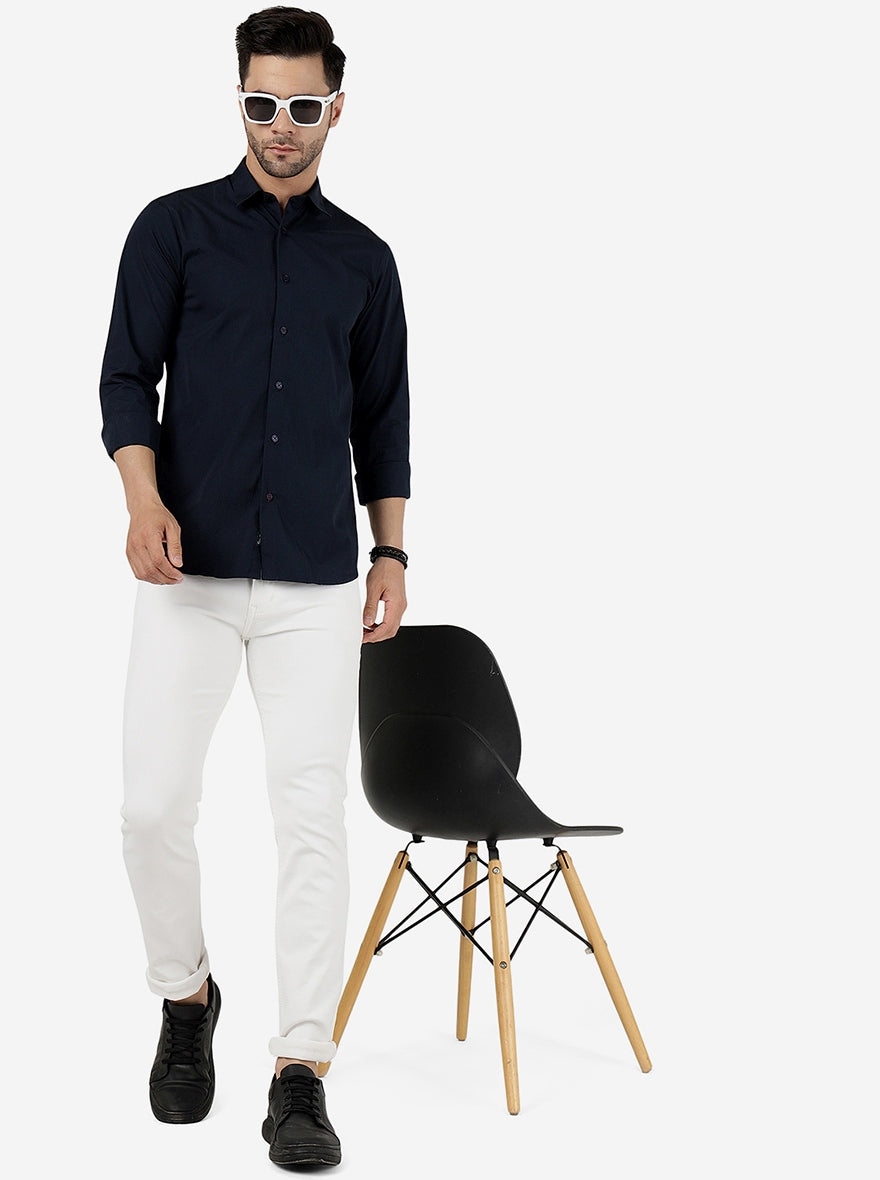 Navy Blue Solid Slim Fit Casual Shirt | JadeBlue