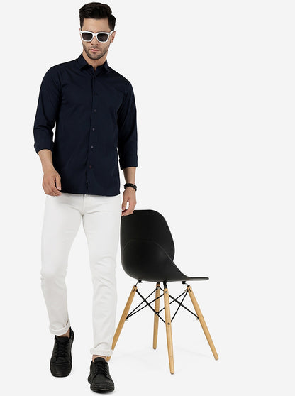 Navy Blue Solid Slim Fit Casual Shirt | JadeBlue