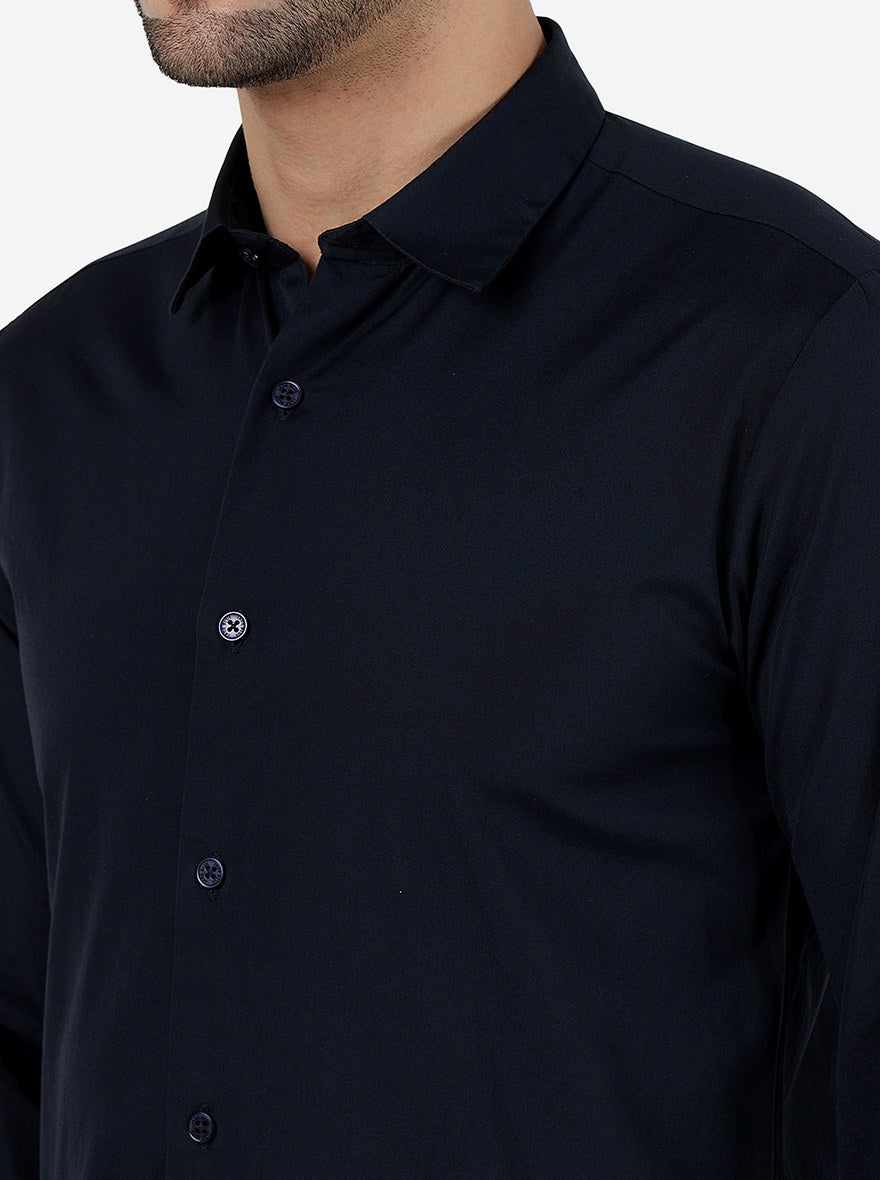 Navy Blue Solid Slim Fit Casual Shirt | JadeBlue