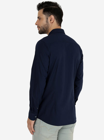 Navy Blue Solid Slim Fit Casual Shirt | JadeBlue