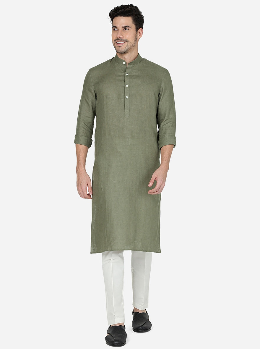 Olive Green Solid Regular Fit Modi Kurta | JadeBlue