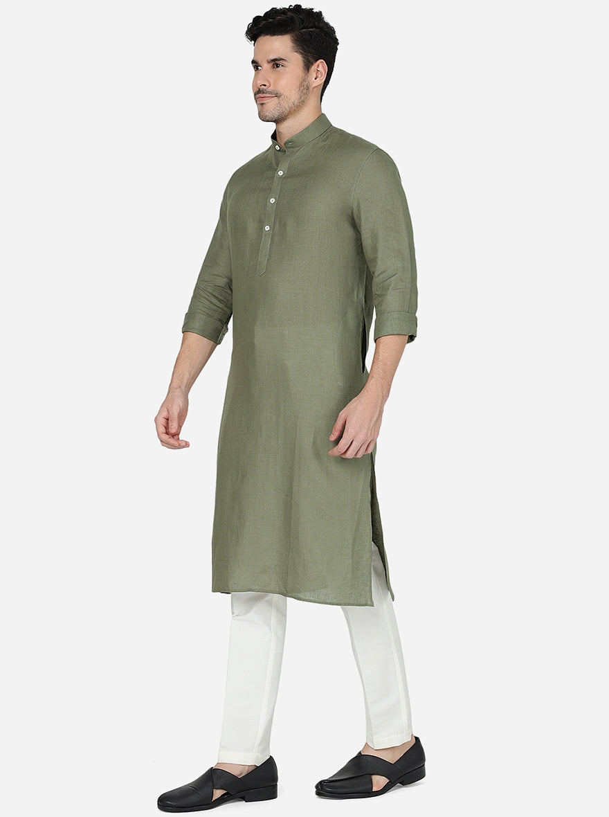 Olive Green Solid Regular Fit Modi Kurta | JadeBlue