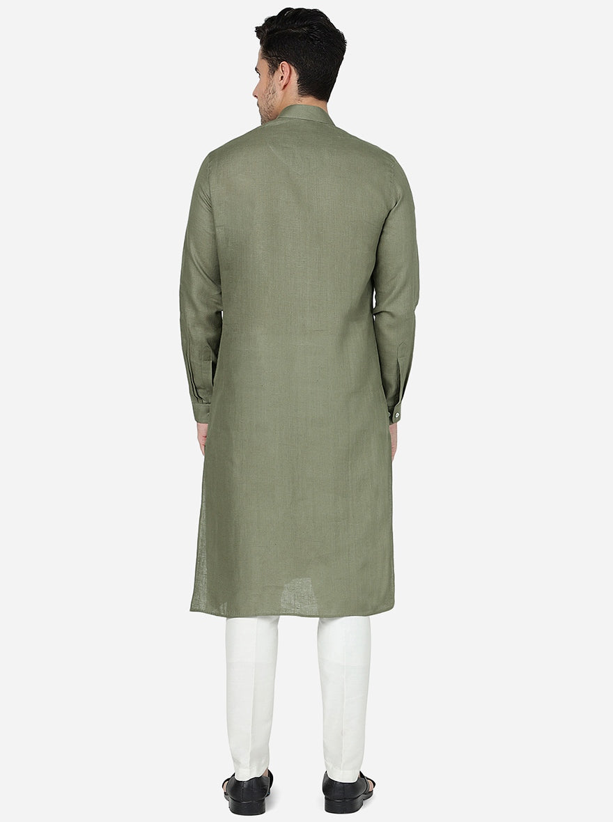 Olive Green Solid Regular Fit Modi Kurta | JadeBlue