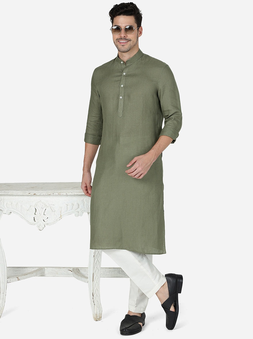 Olive Green Solid Regular Fit Modi Kurta | JadeBlue
