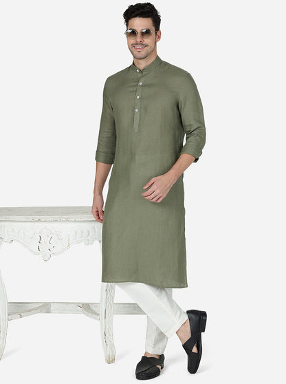Olive Green Solid Regular Fit Modi Kurta | JadeBlue