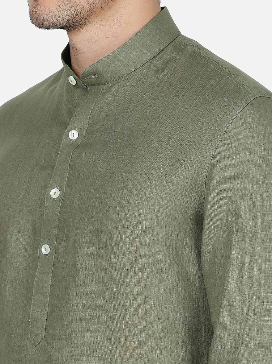 Olive Green Solid Regular Fit Modi Kurta | JadeBlue