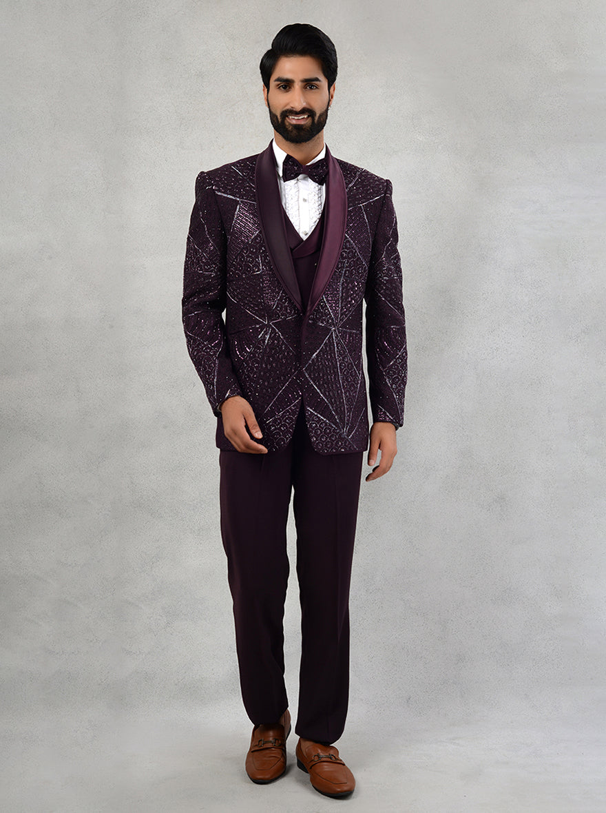 Bow Tie Wine Colour Coat Pant Matching Shirt Wine Classy Polyster