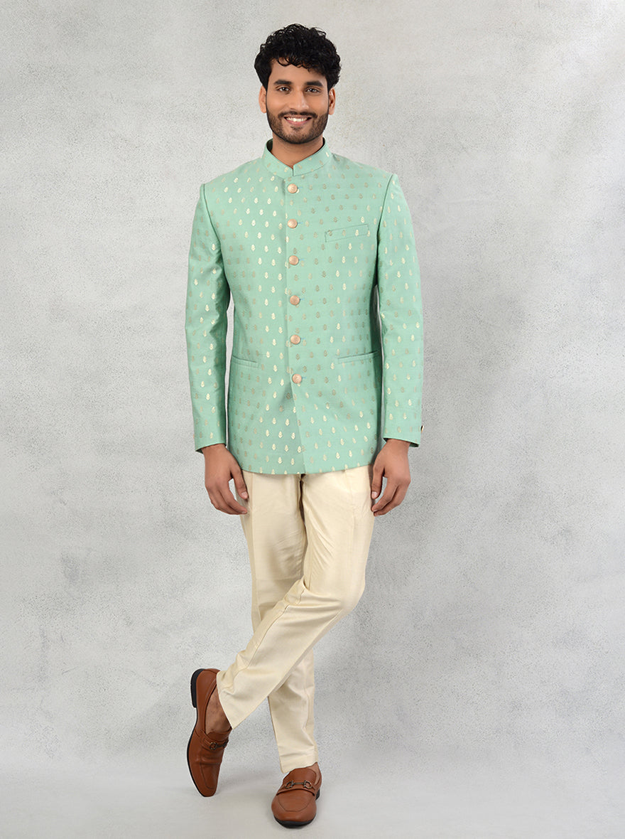 TULA Neo Mint Green Silk Jacquard Jodhpuri Suit Self Design Men's Ethnic Suit for Father at