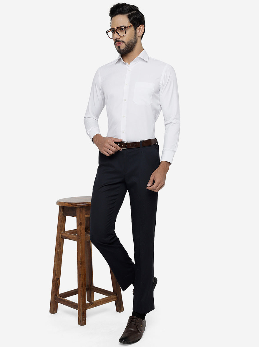Navy Blue Solid Slim Fit Formal Trouser | Metal